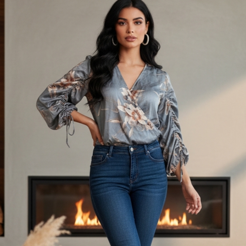 All Saints Grey Floral Wrap Blouse